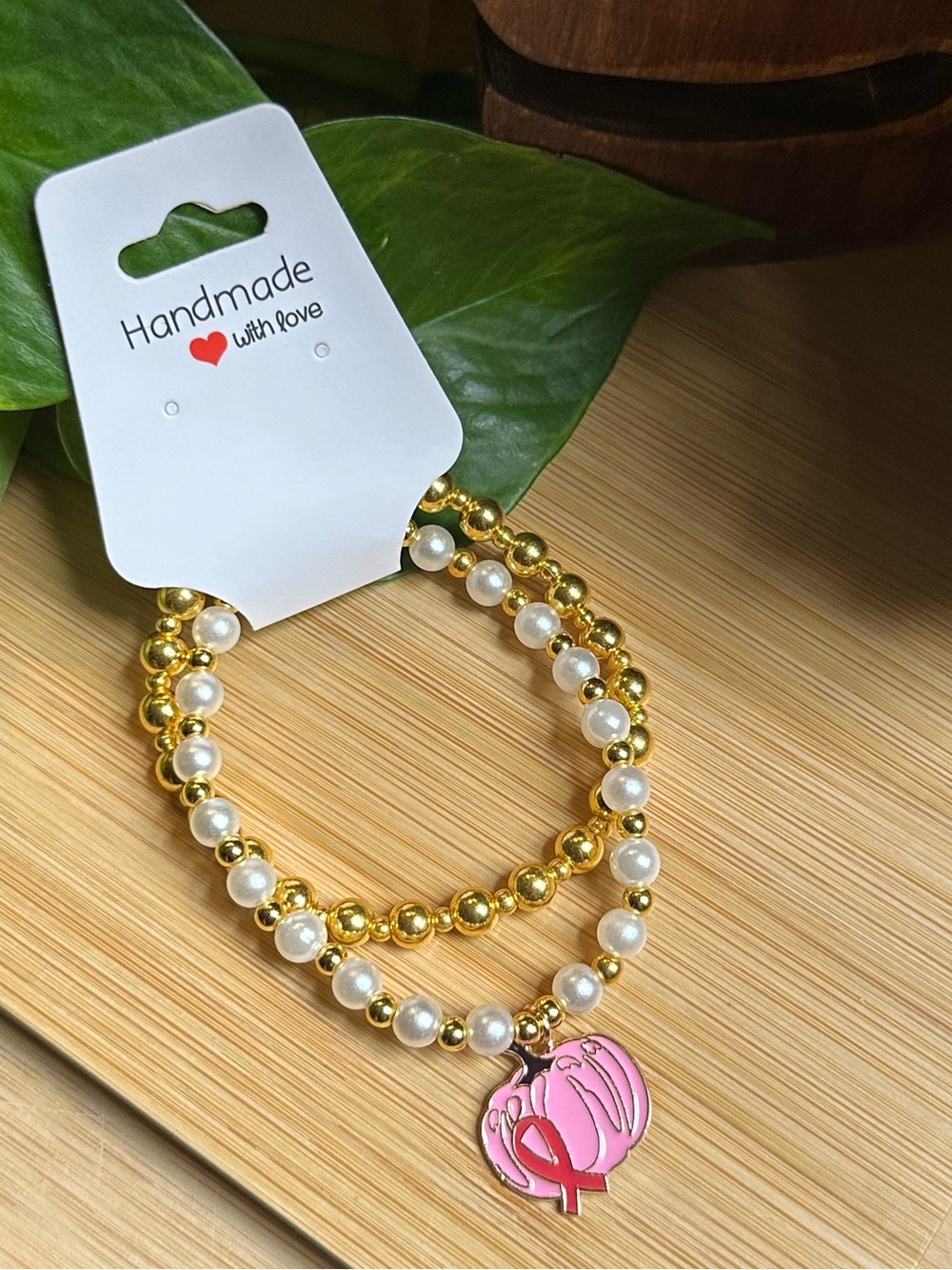 🎀Breast Cancer Awareness 2-PC Stretchy‎ Bracelet Set | Handmade |Dangle Charm🎀